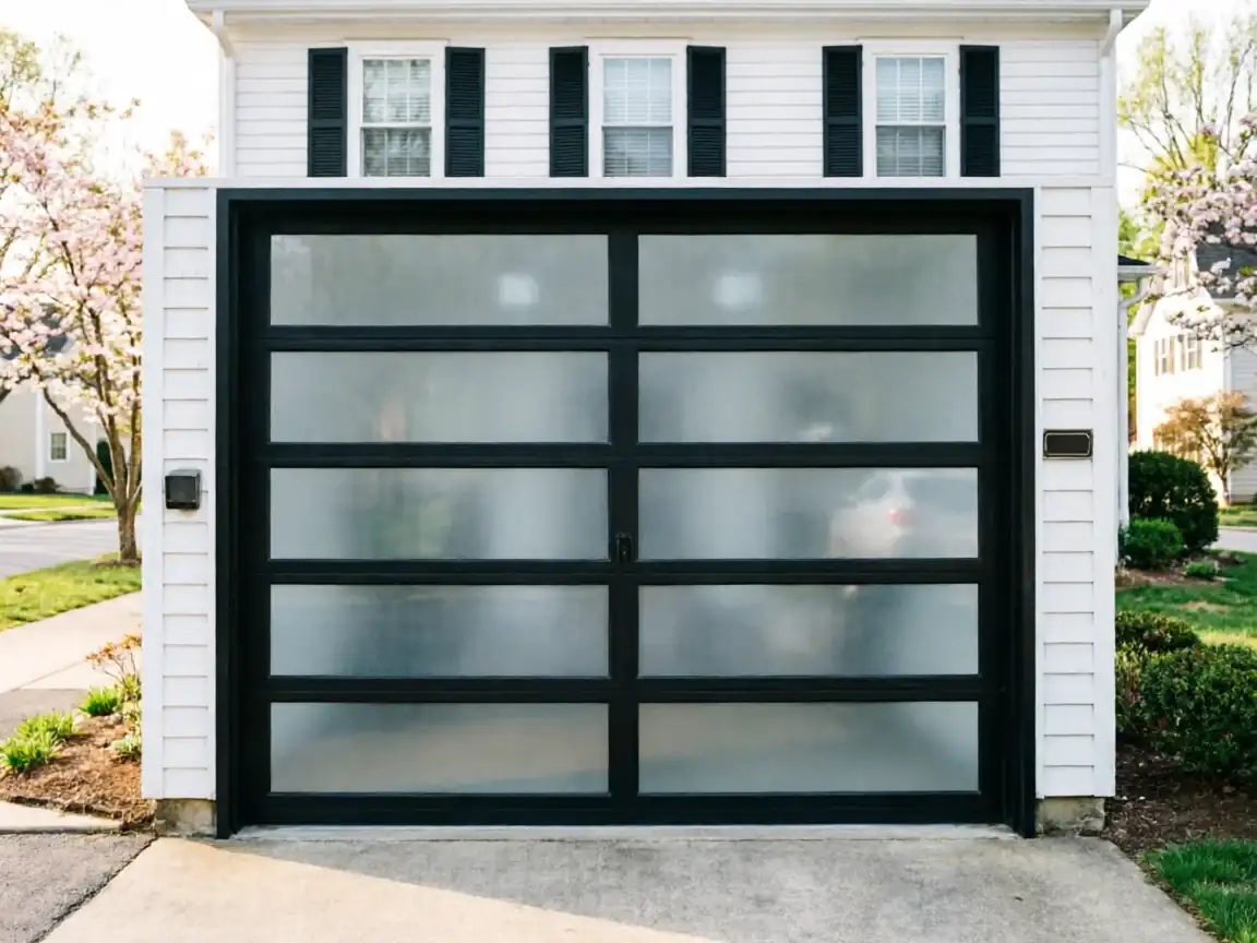 A modern black garage door with frosted glass panels on a white house.