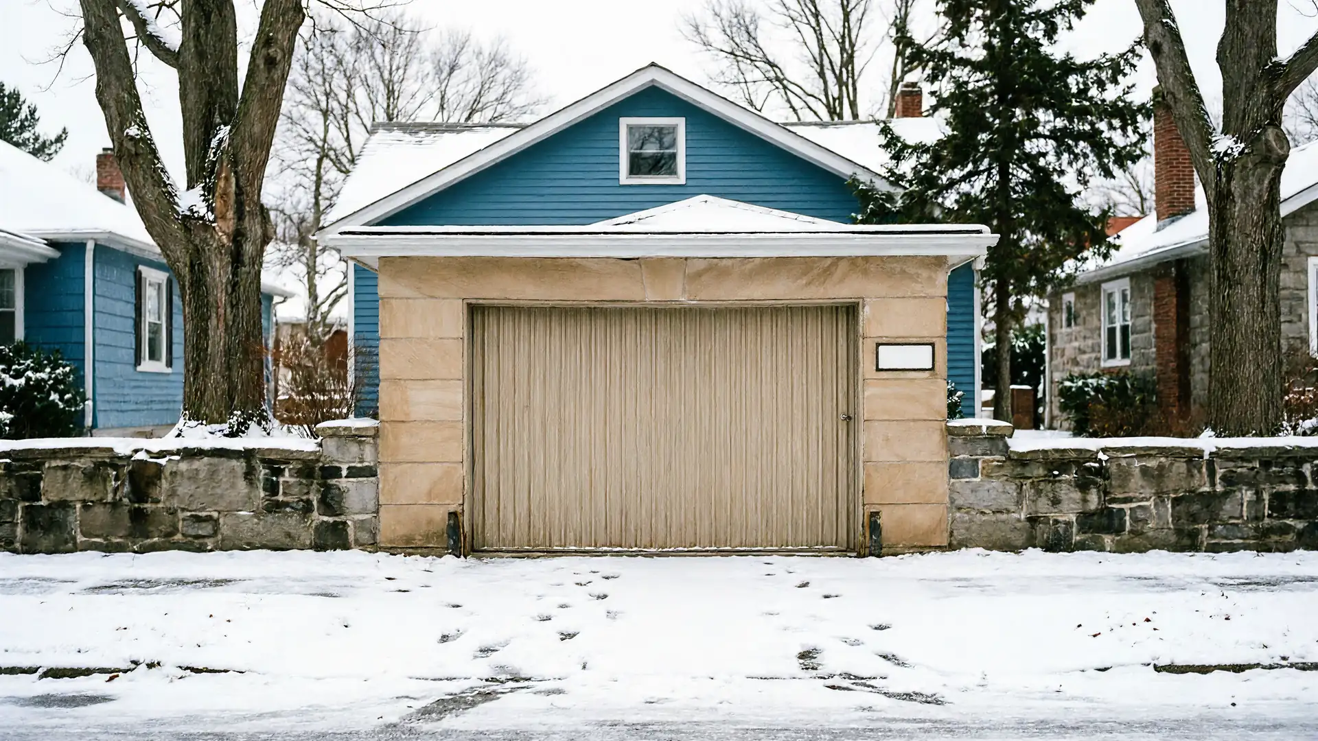 A beige garage door is set in a stone facade on a snowy day.