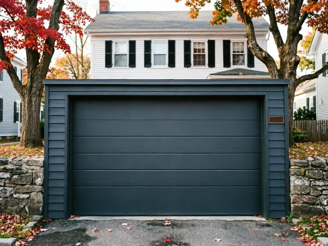 A dark gray garage door is attached to a house with fall foliage.